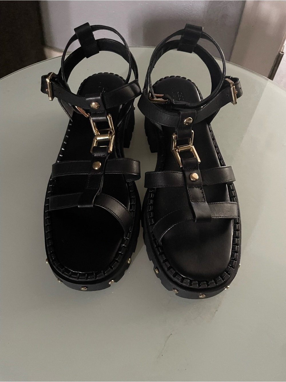 ASOS Black Chunky T-Strap Sandals with Gold Buckles